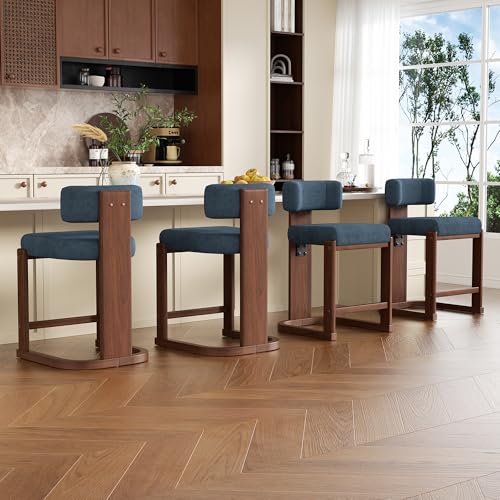 Image of Bar Stools Set of 4, Upholstered Counter Height Bar Stools, Mid Century Modern Counter Stools with Curved Backrest, Solid Wood Legs, 26 inch Bar Chairs for Kitchen Island Bar, Blue