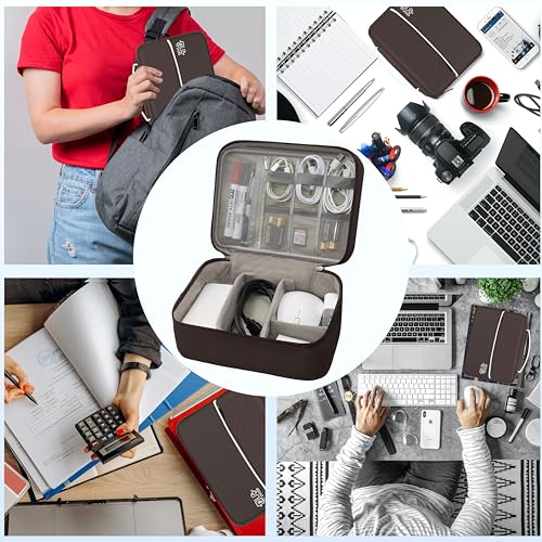 Image of Electronics Organizer,Travel Cord Organizer Pouch,Cable Organizer Bags | Waterproof Electronic Accessories Storage Case for Cables, Cords, Charger, Phone (Double Layer-Brown)