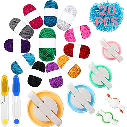 6 Size Pompom Maker Fluff Ball Waver with 12 Colours Acrylic Yarn Skeins Thread Cutter Scissors DIY Wool Knitting Craft Tool Set for Easter Decoration