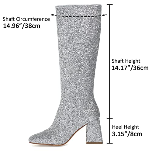 KISSASA Silver Glitter Sparkly Knee High Gogo Boots Sequin Chunky Heeled Boots with Zip Up2