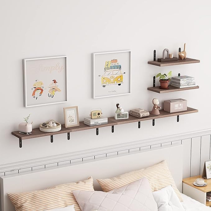 OXMIC Floating Shelves, Rustic Wood Wall Mounted Shelves for Living Room, Bedroom, Kitchen, Bathroom, Brown (Set of 6)-picture-43