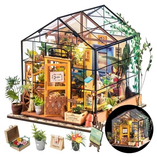 RoWood DIY Miniatur Haus Puppenhaus Gewächshaus mit Licht, DIY Mini Holz Haus Modell Set, Bastelset Geburtstag Geschenke für Erwachsene Frauen Mädchen - Cathys Blumenhaus