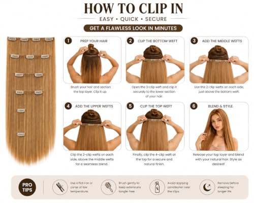 Image of Salon-Grade Clip-in Hair Extensions for Women, Imported Synthetic Hair, 6 PCS with 13 Secure Clips, Instant Volume, Natural Blend, Reusable Hair Volumizer (Golden Brown, Straight)