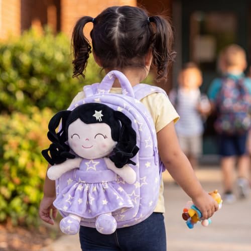 Image of Gloveleya Toddler Backpacks Baby Girl Gifts Curly Hair Plush Figures Dress Backpack Kids Backpack Curly Hair Spring Girl - Black Head Purple Star 9''