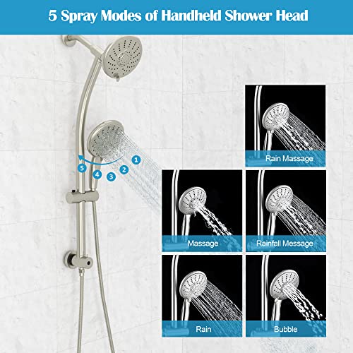 Lordear Rain Shower Head with Handheld Spray 5 Setting 3-Way Water Diverter Double Rain Hotel Spa Dual Bathroom Rain Shower Head Combo with Adjustable Sliding Bar,Brush Nickel - Thumbnail 5
