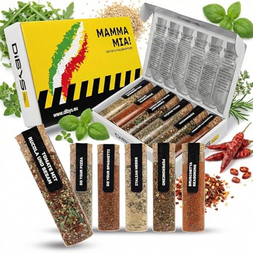 DIBYS MAMMA MIA! Set Regalo di Spezie Italiane | 6 Mischioni di Spezie con Ricette Incluse | Peperoncino, Mix per Bruschetta Classica, Pomodoro con Rucola e Sesamo & altro | Regali per Gourmet
