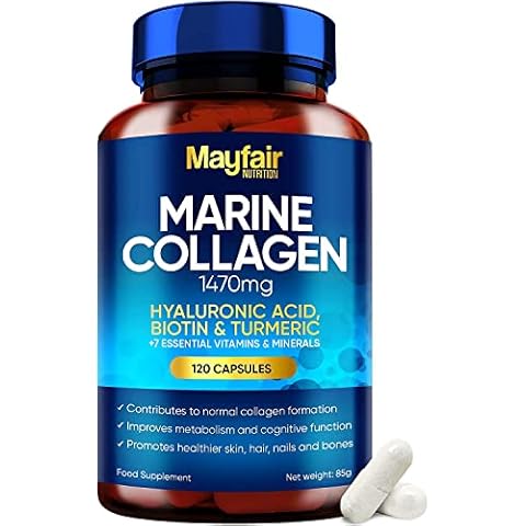 Marine Collagen Tablets - 120 High Strength Capsules - 1470mg Complex with Hyaluronic Acid, Biotin, Turmeric, Vitamin C, E, B2, D3 & 3 Minerals - Hydrolyzed Collagen Supplements for Women - Made in UK Cover