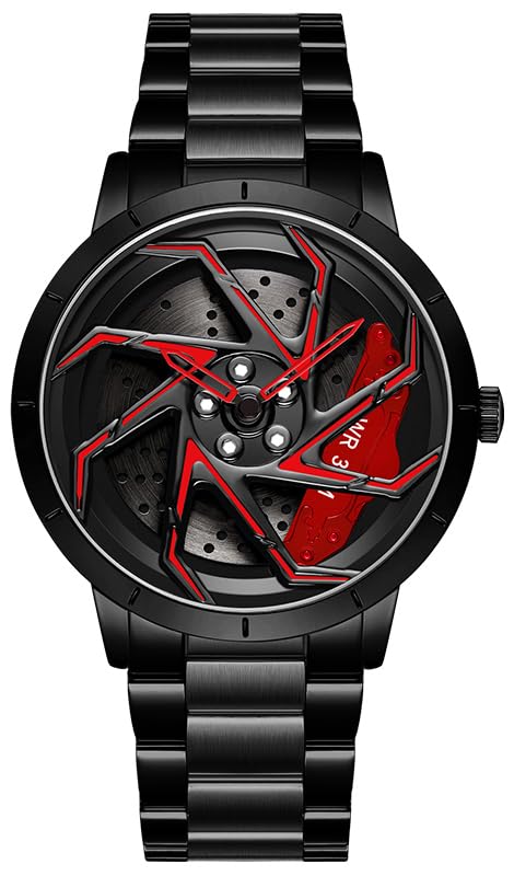 FANMIS Modische Herren-Armbanduhr, kreatives 3D-drehendes Autorad, drehbares Design, Edelstahl, großes Zifferblatt, Skelett, wasserdicht, geeignet für Männer und Auto-Enthusiasten, Stahl, Schwarz, Rot