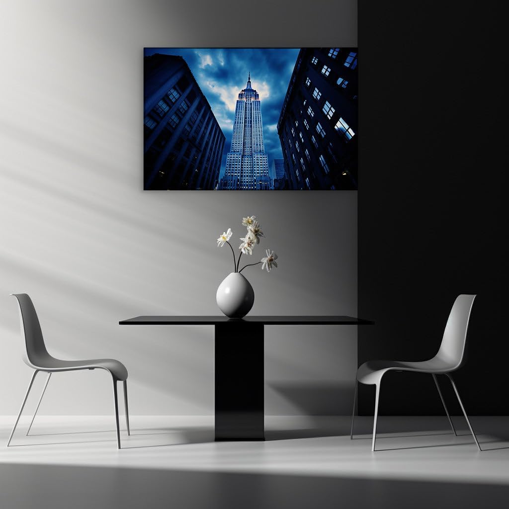 Canvas for Living room. Illuminating the Night: The Empire State Building's Majestic Evening Glow, 27 x 18 inch Canvas Wall Art - Ready to Hang