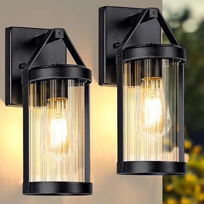 Outdoor Wall Light Fixtures, Waterproof Matte Black Exterior Wall Lantern Sconce Porch Lights, Outside Lighting with Clear Ribbed Glass for House, Garage, Front Door, 2-Pack