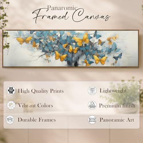 Image of Large Canvas Painting Panel Framed Wall Painting Abstract Tree with Yellow Butterfly Framed Luxury Paintings for Home Decoration, Living room, Bedroom and Office Decor (Sku Blue, 13x47 Inch)