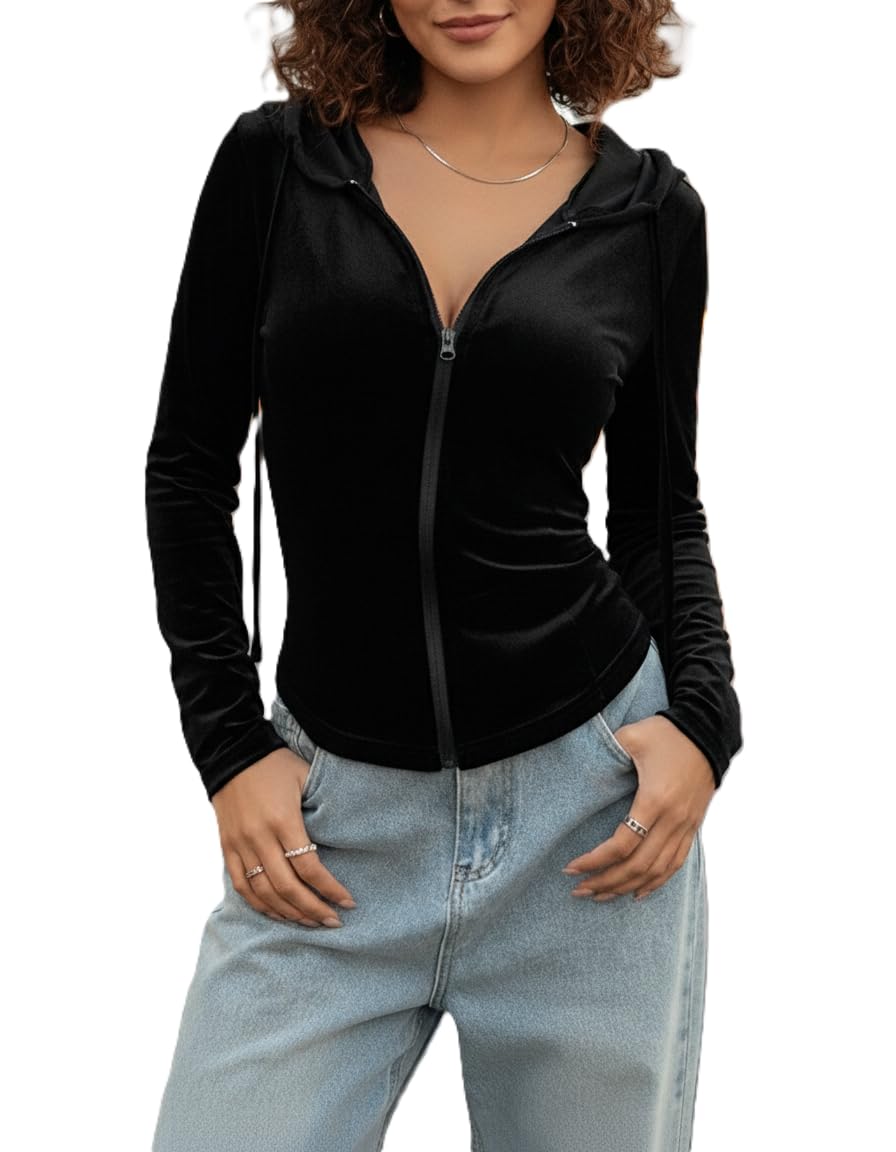 Women’s Slim Fit Velvet Zip-Up Hoodie | Soft Stretchable Velvet Jacket with Hood & Full Sleeves | Casual & Stylish Winter Wear Top