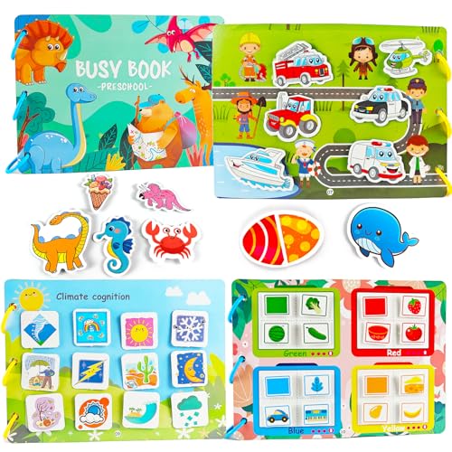 Tangdudu Montessori Busy Book per Bambini 1 2 3 4 5 Anni, Quiet Book, Libro di attività per Imparare Animali, Colori, Forme, Frutta, Verdura, Veicoli, Meteo, Cibo e Dinosauri