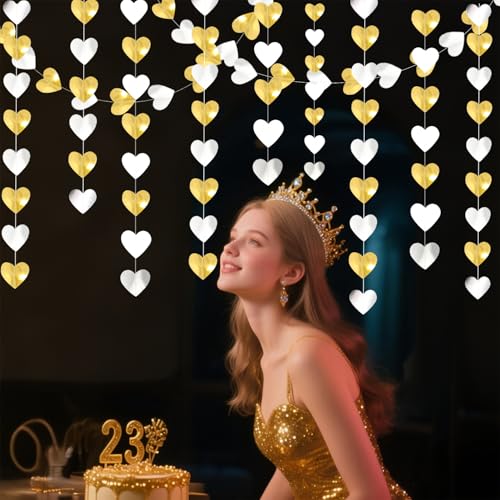 Image of Glitter Gold and White-Sliver Party Decorations Heart Streamers Garland - 39Ft Christmas Wedding Engagement Hanging Paper Banner, Bachelorette Bday Bridal Baby Shower Anniversary Decor Banners