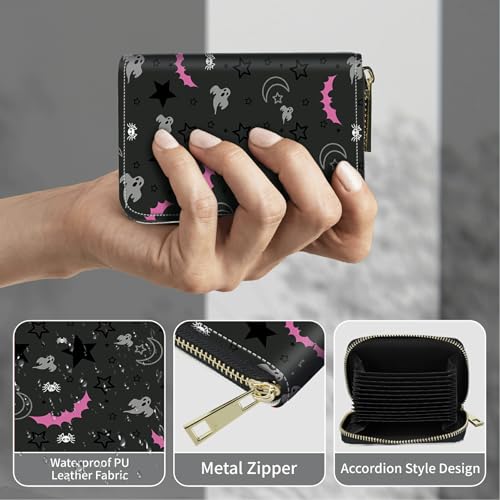 Image of Cute Credit Card Holder with Zipper, Gothic Skull Moon Stars Bat RFID-Blocking Card Case Small Wallet for Women Men, Multi-slot Card Organizer Case Travel Accordion Wallet