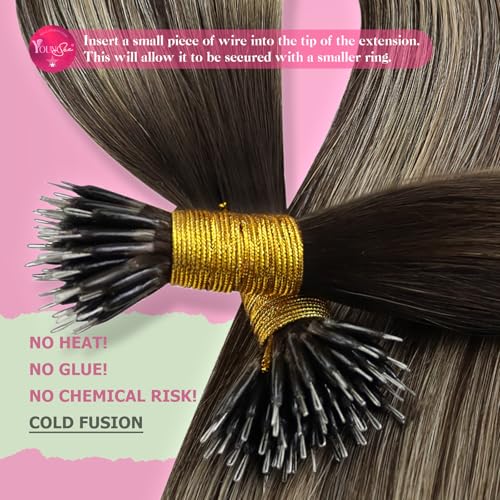 Image of YoungSee Brown Nano Hair Extensions Real Human Hair Balayage Nano Ring Hair Extensions Balayage Dark Brown with Ash Blonde Nanobead Hair Extension Ombre for Job Interviews 22 Inch 1g /strands 50g