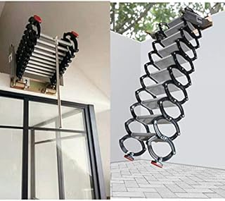 INTBUYING 21.2x5.5in Frame Size Folding Loft Ladder, Al-Mg Alloy Narrow Wall Mounted Retractable Extension Stairs Black Color 8.2-9.2ft Vertial Height 10+2=12pcs Pedals Telescopic Ladder