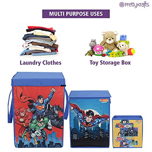 Image of PrettyKrafts Non Woven SuperMan Printed Rectangular Foldable Large Laundry Bag /Toy Storage Box With Lid & Handle, Freestanding Cloth Toy Storage Organizer for Bedroom, Dorm (Multicolor, Combo of 3)