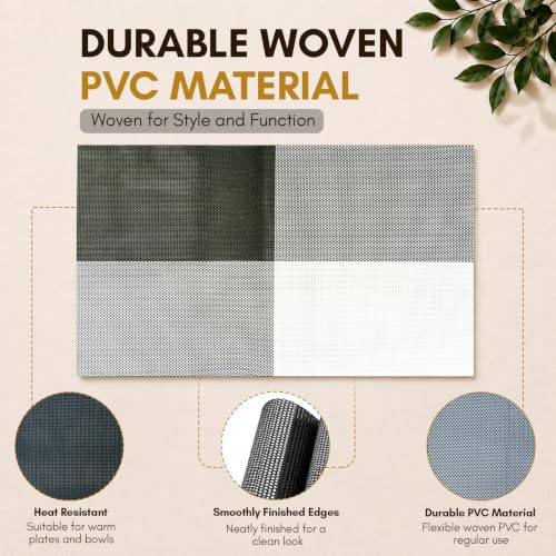 Image of Solitude Set of 4 Dining Table Placemats | Non-Slip PVC Table Mats, Heat Resistant, Washable, Stain-Resistant Surface (Black & White, 45 x 30 cm)