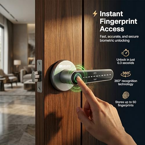 Image of Golens X39 Smart Door Lock | 6 Unlock Ways: Fingerprint, Password, RFID, OTP & Key | Anti-Peep Code | Passage Mode | Digital Door Knob for Home, Office l (Silver)