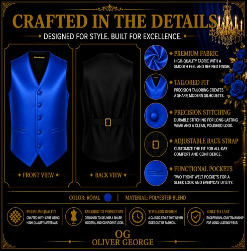 Image of Oliver George 4pc Men's Solid Formal Suit Waistcoat Tuxedo Dress Vest Necktie Bowtie Handkerchief Set for Suit or Tuxedo
