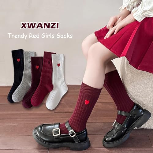 Socks for Girls Mid-Calf Love Bow Solid Crew Socks Ribbed Cuffs Novelty Girls Socks 5 Pairs2