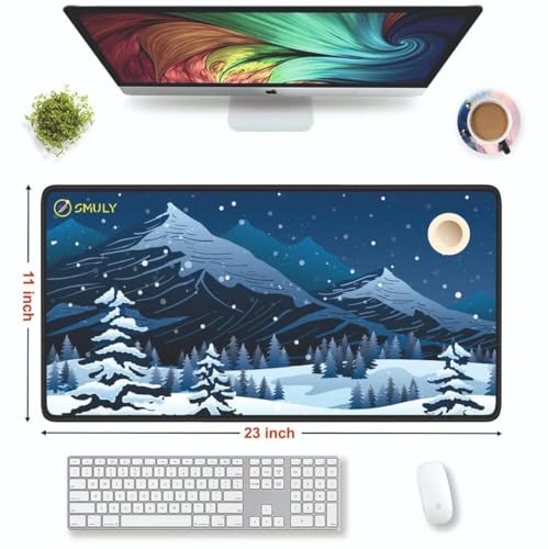 Image of Snowy Mountain Scene Large Desk Mat, Extended Mouse Pad 58.5 x 28 cm, Desk Pad, Washable Mousepad, 2mm Thick Non-Slip Rubber Base, Stitched Edges for Office, Home & Workstation (Multicolour)
