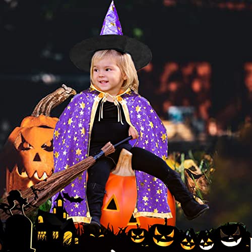 PABTID Cape De Sorcier pour Enfants, Cape De Sorcière D'halloween avec Chapeau, Costumes D'enfants D'halloween, Magicien avec Chapeau Cap, pour Enfants Fille Garçon Cosplay Fête (Violet) Cover