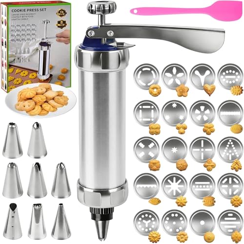YIYICO Churreras para Churros Prensa de Galletas Biscuit Maker Maquina para Hacer Churros Pistola de Repostería de Acero Inoxidable Maquina de Galletas Churrera Manual con 20 Plantillas y 8 Boquillas