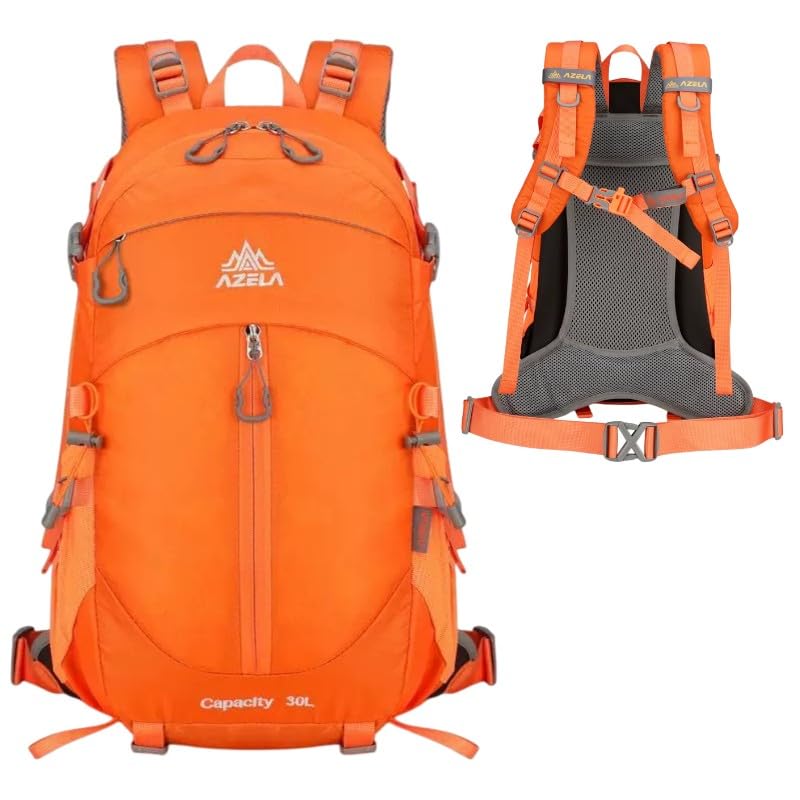 Mochila Trekking 30L, Compacta com Costas Ventiladas, Leve e Resistente à Chuva, Cinza, Ideal para Caminhadas e Viagens (Laranja.)