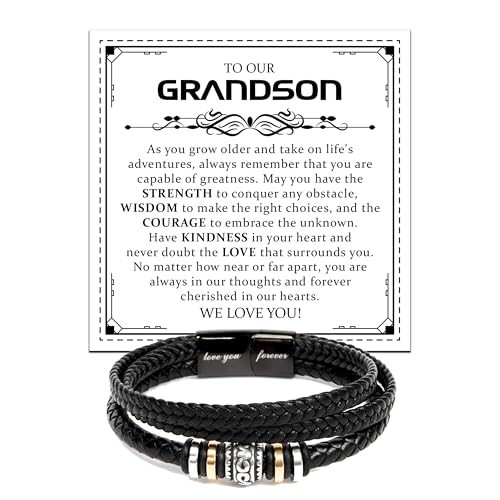 SIGNIXA To Our Grandson Bracelet from Grandpa and Grandma - Love You Forever Engraved Leather Wristband with Inspirational Message Card - Sentimental Birthday Graduation Gift for Men, Teen #02