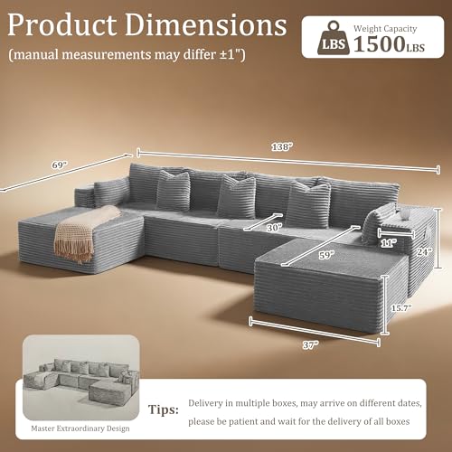 Image of 138 inch Cloud Sectional Couch, Comfort U Shaped Sofa for Living Room, Extra Deep Seats No Assembly, Minimalist Modular Couch, Corduroy (Light Grey, 6 Seats,U-Shape A)