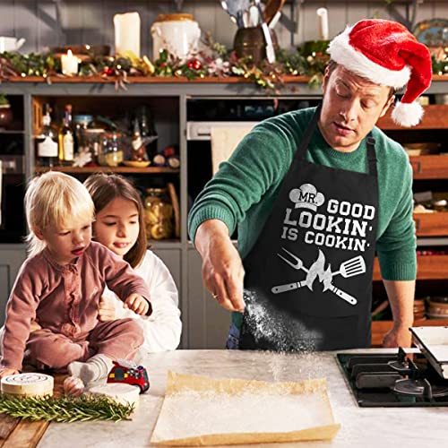 Vagavy - Mr Good Lookin Is Cookin Men Apron With Pockets - Bottle Opener And Gift Box Included - Black Funny Aprons For Men, Dad, Husband - Birthday, Father’s Day Grilling Gifts For Papa, Husband #TOP2