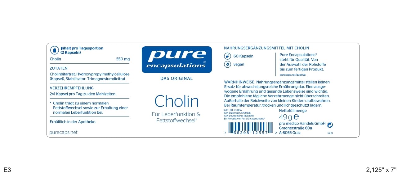 Pure Encapsulations - Cholin - Für Leberfunktion & Fettstoffwechsel - Nahrungsergänzungsmittel mit hochdosiertem Cholin - 60 vegane Kapseln