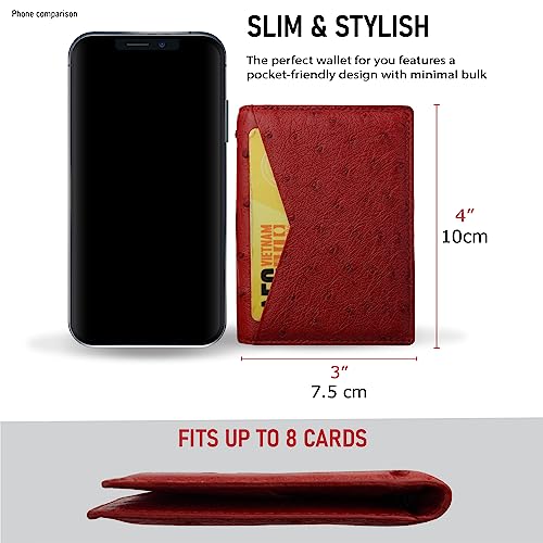 Red Ostrich Credit Card Holder Minimalist Bifold Wallet Double Side Exotic Leather Slim Executive Business Luxury RFID Blocking Travel ID Case Front Pocket Gift For Men3