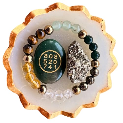 Image of Certified original Dhanyog Combo for wealth & prosperity |Manifest wealth with Pyrite Citrine Tiger Eye Jade Bracelet | Bead size (8mm), multicolour| with Natural & certified Pyrite stone cystal( 20-30 gms) for willpower& Manifestation|Selenite charging bowl (9*9cms) with golden rim| Perfect Vastu gift for housewarming & business