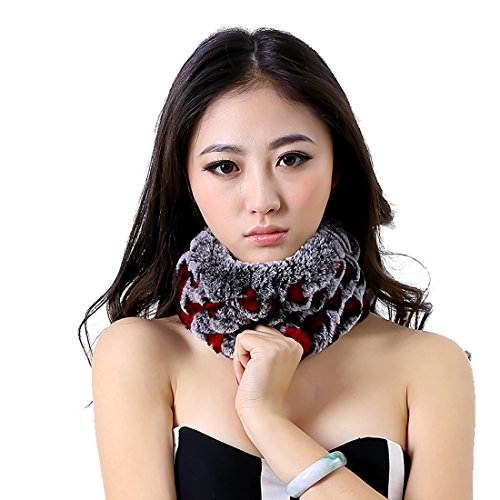 URSFUR Women's Rex Rabbit Knit Cowl/Headband Multicolor (Red & Gray)