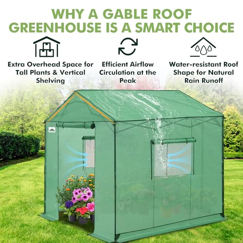 Image of EAGLE PEAK 8x8 Pop Up Walk in Greenhouse, Easy Setup, Gable Roof, Green