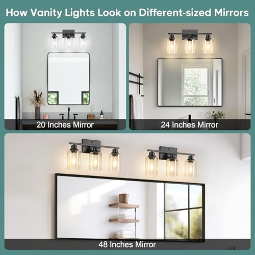 Image of Ascher Bathroom Light Fixtures, 3-Light Vanity Light Over Mirror, Matte Black Wall Sconces with Clear Glass Shades, Wall Lamp for Living Room Bedroom, E26 Base(Bulbs Not Included)