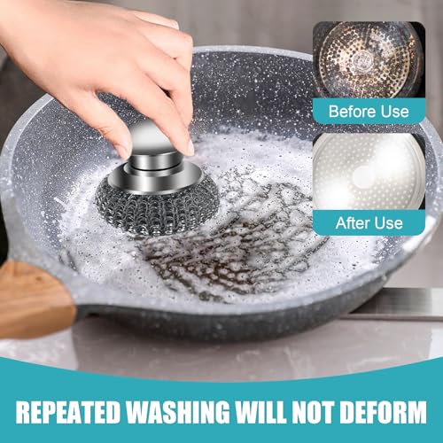 Image of 4Pcs Steel Wool Scrubber with Replacement Wire Pads Set, Stainless Steel Pot Scrubber with Handle for Cleaning Dishes,Cast Iron, Pots,Pans,Griddles,Grills, Stoves, Sink (2 Scrubber+2 Pads)