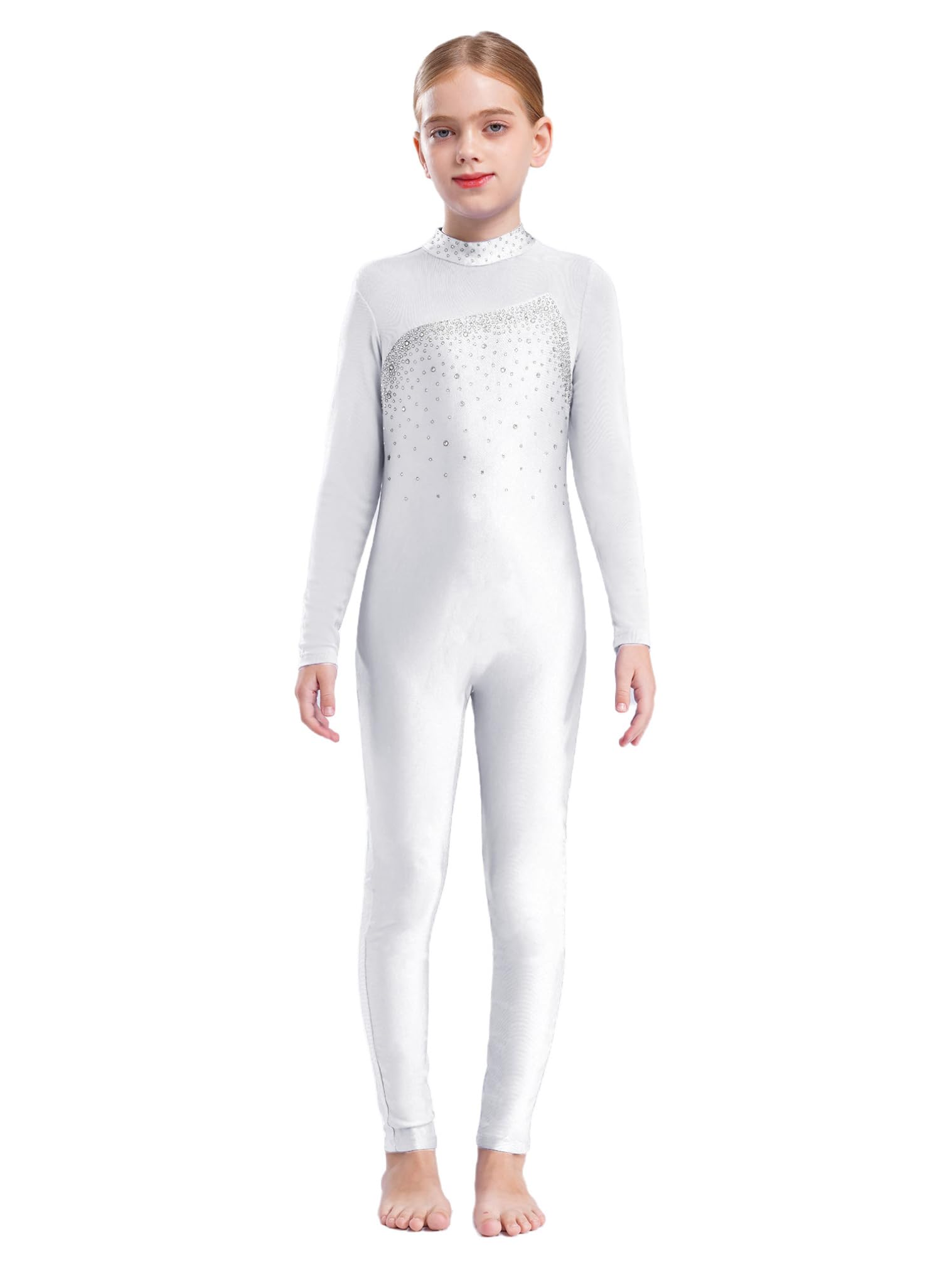 JEATHA Maillot de Danza Ballet para Niña Manga Larga con Pedrería Brillante Leotardo Gimnasia Rítmica Patinaje Elástico Mono de Deportivo Fitness Yoga
