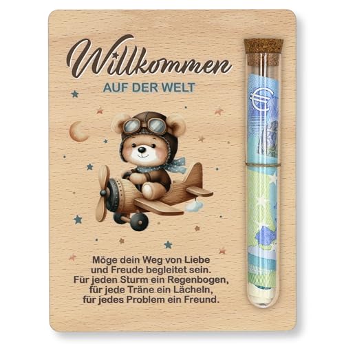 ZUKLA Verpackung für Geldgeschenke Geburt - 13 x 10 cm - mit Reagenzglas - Geschenkgutschein Baby - Geldgeschenk Verpackung Holz