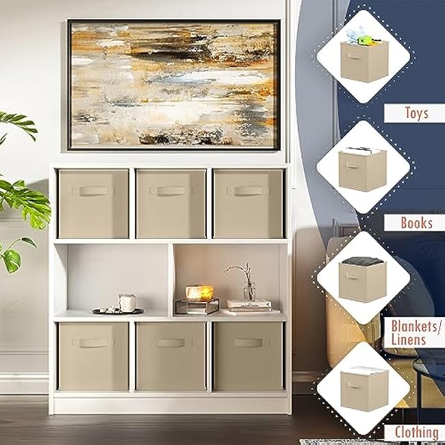 Ornavo Home Foldable Collapsible Storage Box Bins Shelf Basket Cube Organizer with Dual Handles - Set of 6-13 x 13 x 13 - Beige