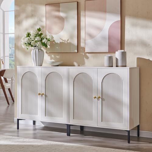 Image of IFGET Modern Buffet Cabinet with Storage, 61.75 inch W Fluted Arched Sideboard Cabinet w /Adjustable Shelves, Wooden Modular Coffee Bar for Dining Room, Kitchen, Living Room, Entryway, White