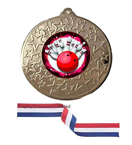 Ten Pin Bowling Silver medal 50mm,with red white blue ribbon, Free Engraving(cl)