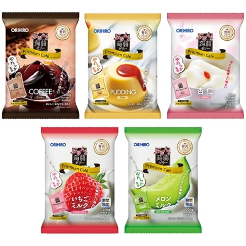 ぷるんと蒟蒻ゼリー プレミアムカフェ 5種類 50個入 1000g やわらか食感 食べ比べ アソート 大容量 詰め合わせ 業務用 ダイエット お徳用 個包装 パウチ コーヒーゼリー プリン 杏仁 いちごミルク メロンミルク (5種, 各1個)