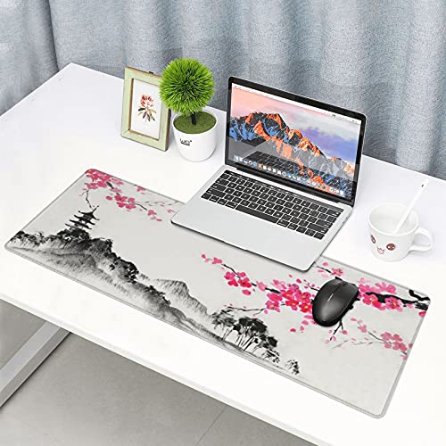 Image of Watercolor Landscape Sakura Cherry Blossom Gaming Mouse Pad 35.4x15.7inch with Stitched Edges Extended Waterproof Desk Mousepad Non-Slip Rubber Base Large Computer Keyboard Mat for Work /Office /Home