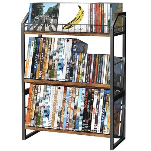 ELITEROO 3-Tier CD Storage Rack, Wood DVD Holder with 2-in-1 Assembly Design, Tilting CD Organizer Tower Holds Up to 112 CDs or 78 DVDs, Table Top DVD Display Stand for Music Enthusiasts, Rustic Brown