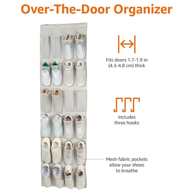 Zapatero para colgar sobre la puerta, 24 bolsillos grandes de malla para colgar zapatos con múltiples bolsillos, para dormitorio, baño, cocina, ahorro de espacio eficiente