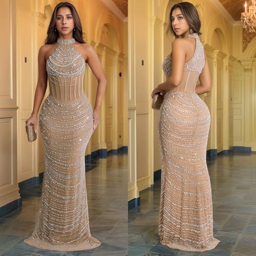 PORRCEY Women Sexy Elegant Rhinestone Mesh See Through Evening Dresses Party Club Night Clubwear3